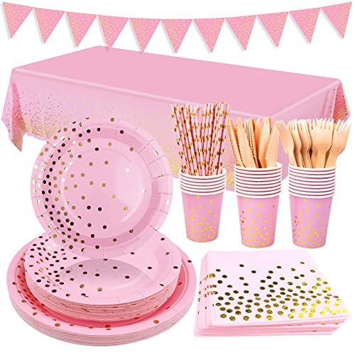 SPLAKS Kit Vaisselle 24 Invités 170 PCS Assiette Jetable Décorations Anniversaire Rose Gold Assiettes à Dessert Gobelets Serviettes Paille en Papier Nappe pour Mariage Fête d'anniversaire Prénatale