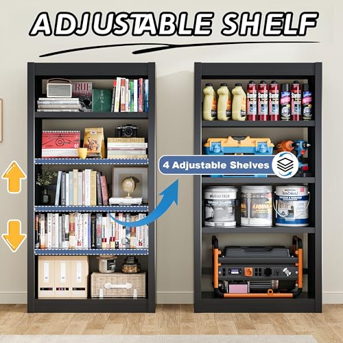 Image of 5-Tier Metal Bookshelf, 69 inch Tall Black Bookcase with Adjustable Shelves, Heavy Duty Deep Book Shelves, Display Storage Shelving for Living Room, Home Office, Library, Bedroom