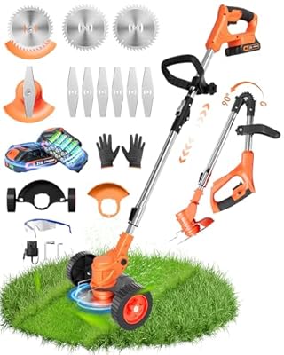 21V Cordless Weed Wacker, Lightweight Trimmer with 2 2.0Ah Battery, Electric Weed Eater Battery Powered, 3 in 1 Grass Trimmer/Brush Cutter/Edger Lawn Mower with 2 Types Blades & Wheels for Garden Yard