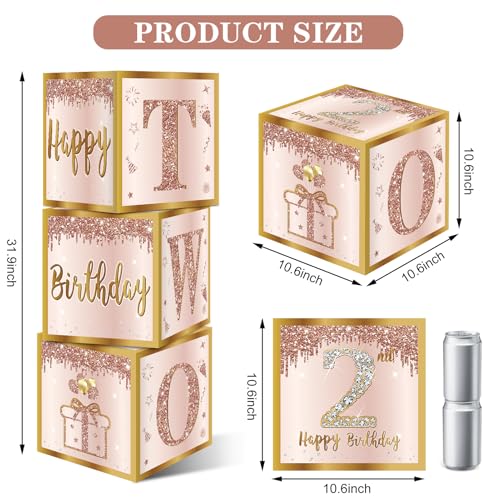 Image of Guiruiy 3Pcs 2nd Birthday Boxes Decorations for Girls - Pink Rose Gold Two Sweet Birthday Balloon Boxes Party Supplies, Two Years Old Girl Bday Theme Cardboard Gift Box Decor
