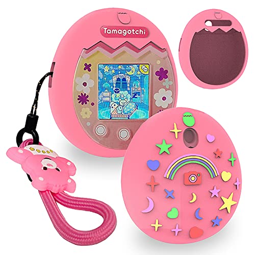 Silicone Cover Case for Tamagotchi Pix Interactive Virtual Pet Game Machine, Protective Skin Sleeve Shell for Tamagotchi Pix with Finger Lanyard (Pink Cover)