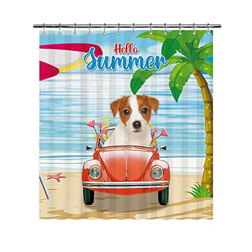 Jack Russell Terrier Dog Drive a Vintage - Cortinas de ducha de coche para verano, azul, océano, playa, animales, cortinas decorativas para baño, hogar, 72 x 80 pulgadas con ojales y ganchos Cover