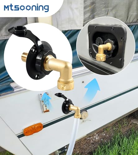 Image of RV City Water Fill Inlet with Elbow Check Valve, 3 /4 NH Female to 1 /2 NPT Male RV Water Hose Brass Connector Replacement for RV Camper Motorhome Trailer Marine Black