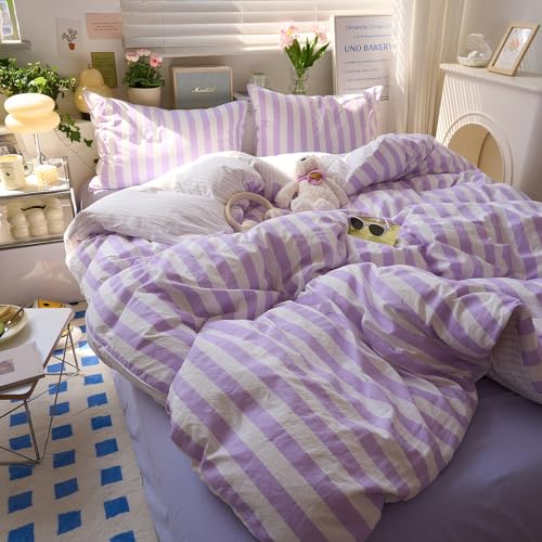 Image of EAVD Farmhouse Purple Striped Duvet Cover King Soft Washed Microfiber Pink White Vertical Striped Bedding Set with 2 Pillowcases Modern Geometric Pattern Duvet Cover with Zipper Closure
