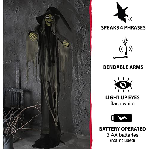 Haunted Hill Farm 9.5-Ft. Animatronic Witch, Indoor or Covered Outdoor Halloween Decoration, Prop With Light-up White Eyes, Poseable and Battery Operated Fright Prop for Home