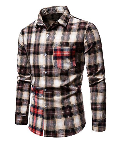 LifeHe Men's Patchwork Hooded Plaid Shirt Jacket Oversized Button Down Boyfriend Long Sleeve Blouse Shirts Top Khaki