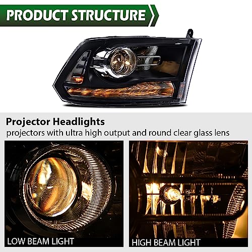 Image of GRAND ORANGE LED Bar Plank Style Headlights Assembly Compatible with 2013-2018 Dodge Ram 1500 2500 3500 FACTORY PROJECTOR 9 PIN MODEL Clear Lens Black Housing Clear Reflector
