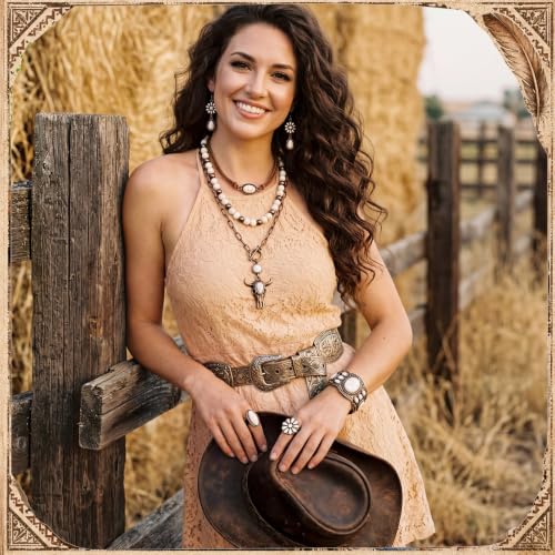 Image of Ecally Bohemian Western Jewelry Turquoise Set Women Country Pendant Long Choker Layered Bracelets Earrings Ring for Women