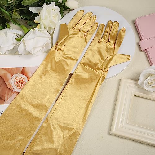 NQEUEPN Women's Gold Long Satin Gloves, 21" Stretchy Opera Gloves for Women Adults, (Gold) - Image 3