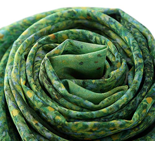Long Crepe Silk Scarf Classic Art Print, Green Floral, 61" X 17" (155Cm X 43Cm) #TOP2