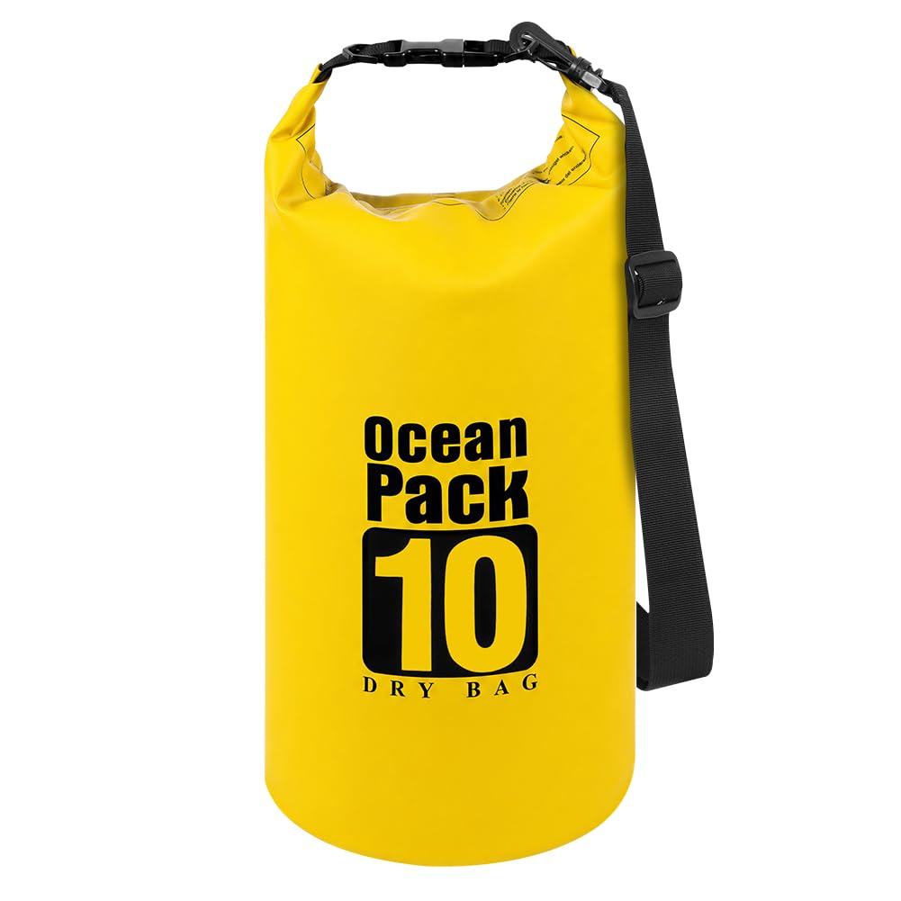 URAQT Waterproof Dry Bag, 10L Durable PVC Roll Top Dry Sack with Single Adjustable Shoulder Strap, Canoe Bags Storage Bags for Kayaking, Boating, Beach, Swimming, Camping and Outdoor Sports(Yellow)