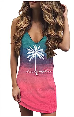 Image of Live Simple Coconut Tree Sleeveless Mini Dress Summer Beach Mini Dress Women's Summer Casual Sexy V Neck Mini Tank Dress