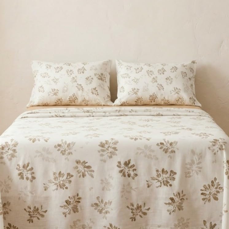 Juego sabanas 100% algodón, Flores Cama 80/90, con Funda de Almohada, Taupe.