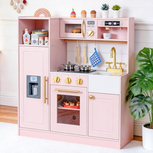 inFUNSAME Wooden Kids Play Kitchen with Lights and Sounds 18 Accessories Modern Design Kitchen Playset with Complete Play Areas Gift for Girls & Boys(Ages 3+) (Pink)