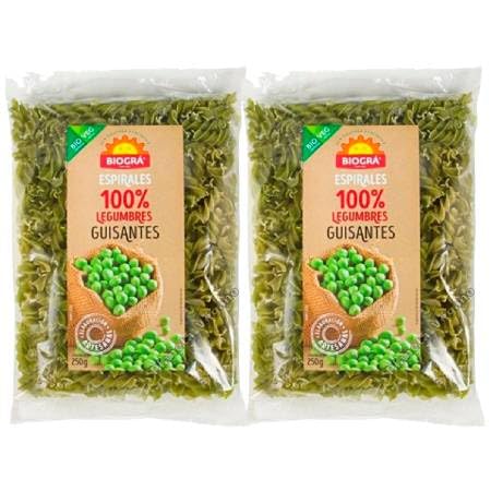 Pack 2 Espirales de Legumbres 100% Guisantes Bio 250 g, 500 g total, pasta ecológica elaborada con harina de guisantes 100%, alternativa vegetal para platos diarios y ensaladas