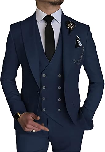 Wangyue Mens 3 Piece Suit Slim Fit Double Breasted Suits Wedding Party One Button Jacket Vest Pants Beige