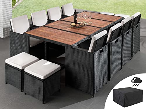 Best Mobilier - Salon de Jardin Encastrable Noir Cuba - en Résine Tressée à la Main - Plateau en Bois - avec Housse de Protection - Coussins Déhoussables Beiges - 12 Places