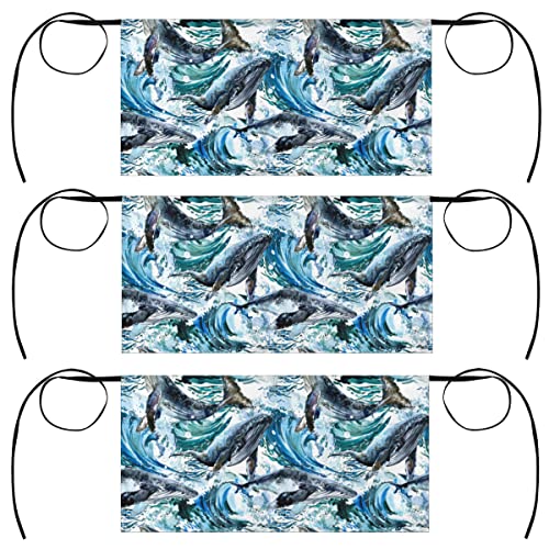 bisibuy 3 Pack Server Aprons with 3 Pockets, Ocean Whale Watercolor Waitress Waiter Wasit Apron for Women Men Restaurant Bistro Cafe Bars Half Aprons Waitress Server Accessories
