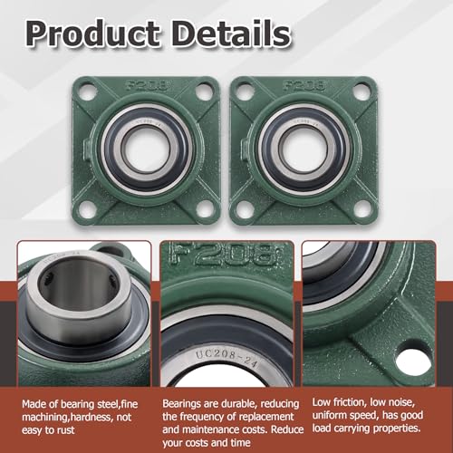 Image of 2Pcs UCF208-24 Pillow Block Bearings 1-1 /2 Inch Bore Square Flange Mounted Pillow Block Bearing 4 Bolt, Self Alignment