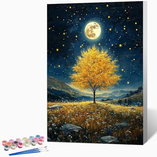 木 ペイントバイナンバーキット星空 数字油絵 塗, DIY手描き油絵セット(ブラシ3本とアクリル絵の具を含む)、キャンバスセット、家の壁の装飾ギフト,誕生日プレゼント女性 30*40CM フレームなし -WX251090T