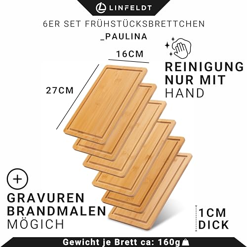LINFELDT 6er Set Bambus Frühstücksbrettchen Holz 27x16x1cm - Inkl. Saftrille - 6 Holzbretter + eine glatte Seite - Kleine Holzbrettchen - 6 Essbretter aus Bambus 3