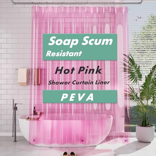 Image of AmazerBath Extra Long Shower Curtain Liner, Clear Pink Shower Liner 84 Inches Long, 72x84 Plastic Shower Curtain Liners, Cute Tall Shower Liner, PEVA Bathroom Shower Curtain Liners & 3 Magnets