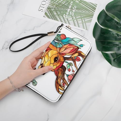 Stained Glass Deer Flowers Bird PU Leather Clutch Long Bifold Wallet, Coin Purse Credit Pass Case, Durable Card-Holder Money Storage for Women Men4