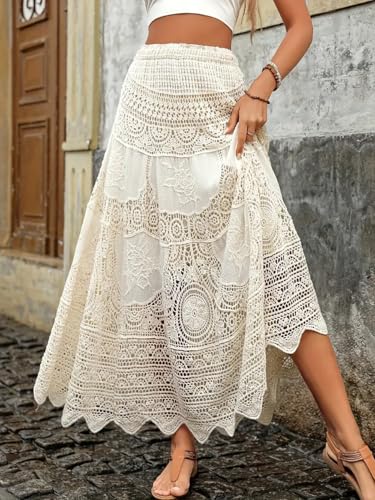 Women's Crochet Skirt High Waist Maxi Stretchy Boho Hollow Out Flowy Lace Skirts3