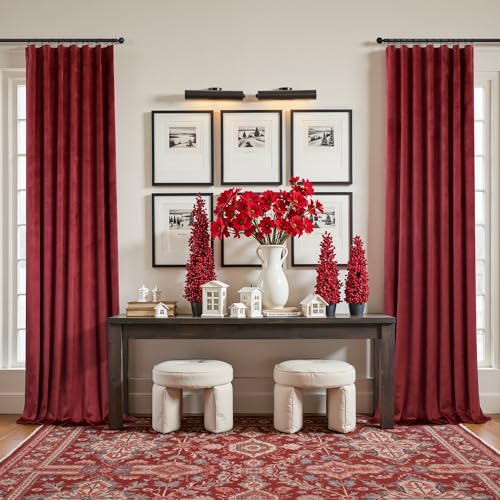 Image of Burgundy Red Velvet Curtains 108 Inches Extra Long 2 Panels Set Back Tab Rod Pocket Soft Privacy Elegant Party Wall Backdrop Drape for Living Room Darkening Kids Bedroom Large Window Mid Century Decor