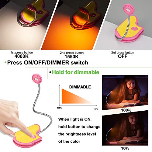 Image of Amber Reading Light Rechargeable, Book Light Kids for Reading in Bed, Clip On Reading Book Light, 2 Lighting Modes, Blue Light Blocking for Eye-Care, Small Bookmark Light for Bookworm-Pink