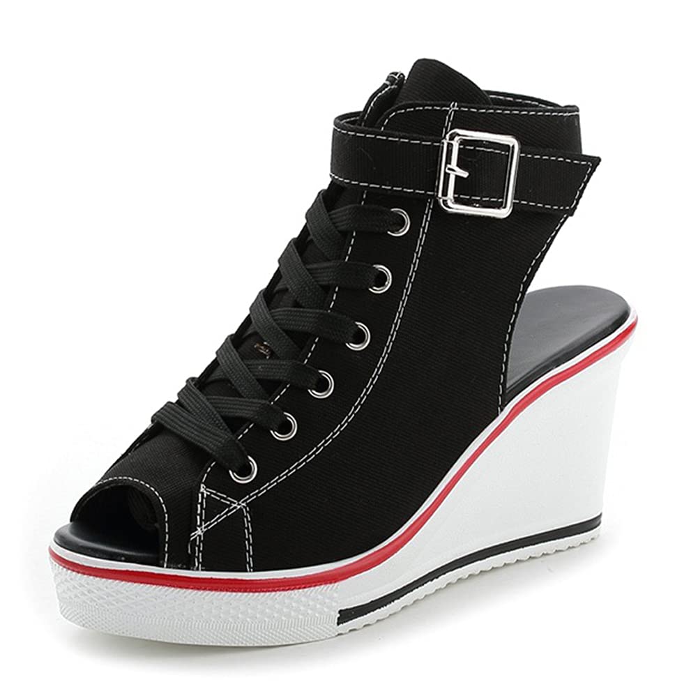ALLINNINE Women's Sneaker Shoes High Heel Fashionable Canvas Shoes High Tube Lace Up Wedge Edge Zipper Slope Angle Shoes Size 4-11
