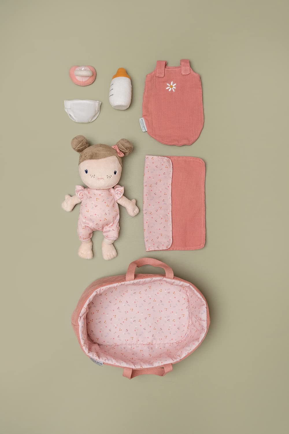 Little Dutch Stoffpuppe Babypuppe im Tragekorb mit magnetischem Schnuller und Trinkflasche und viel Zubehör Rosa rosa - Little pink Flowers