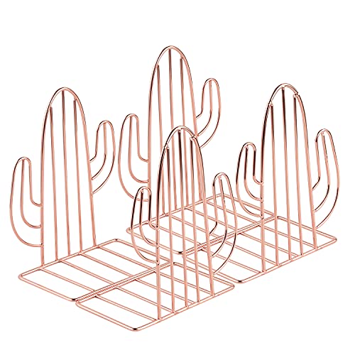 MSDADA Bookends, Bookends for Shelves, Cactus Bookends Decorative, Bookends for Office, Bookends for Heavy Book, Book Shelf Holder Standï¼ŒMetal Bookend Supports, Rose Gold (2 Pairs)