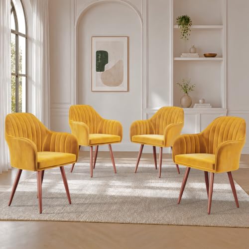 Image of Vergo Plush Velvet Dining Chair, Cushion Seat, Wooden Frame, Metal Legs, Premium Accent Chair for Living Room, Bedroom, Dining Room, Cafe & Restaurant (Set of 4, Yellow)