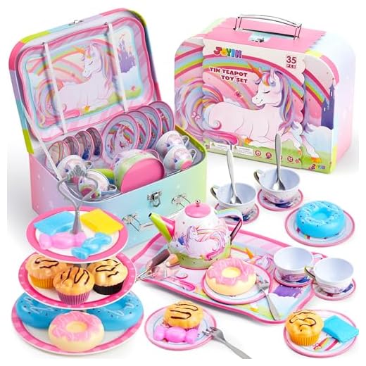 JOYIN 35Pcs Unicorn Tea Party Set for Little Girls, Pretend Tin Teapot Set, Princess Tea Time Play Kitchen Toy with Dessert, Doughnut, Carrying Case for Birthday Easter Gifts Kids Toddlers Age 3 4 5 6