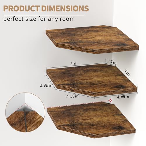 Image of Fun Memories Corner Shelf Wall Mount, Floating Corner Shelves, Set of 3 Corner Wall Shelf Organizer, Rustic Wood Wall Storage Display Shelves for Living Room Bedroom Bathroom Kitchen, Rustic Brown