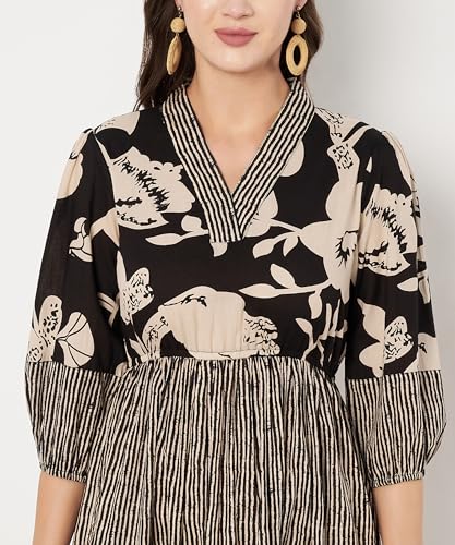 Image of PIDAVLIYA'S Women's Floral Summer Maxi Dress I Cotton Printed I One Piece Bodycon Midi Dress with V-Neck, Puffed Sleeves