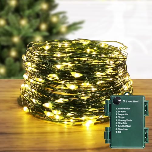 AMMAKER LED Fairy Lights - Battery Operated 34Ft Starry Lights 100 Micro LEDs in 8 Modes with Timer for Christmas Tree Dark Green Copper and Warm White