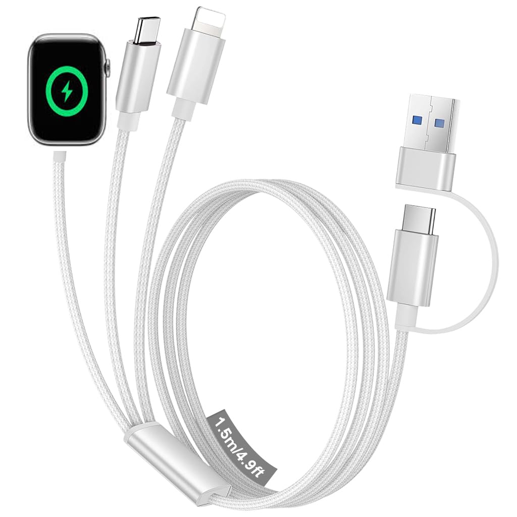 zorbes 3 in 2 usb c charging cable for watch and phone, 4.9ft portable | for watch charger/for iphone 16 charger/lighting, helps reduce cable clutter, compact design for travel, camping everyday use