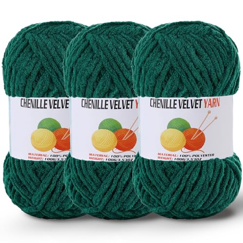 Image of 3 * 100g /3.5oz Fluffy Chenille Yarn for Crocheting, Chunky Velvet Yarn for Crochet Amigurumi, Used for Making Baby Yarns Blanket, Clothes, Pattern Knitting Creations (Dark Green)