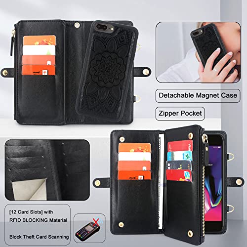 Harryshell [Block Theft Card Scanning] Card Slots Holder, Detachable Magnet Wallet Case Cover Cash Bill Zipper Pocket Crossbody Lanyard Strap For Iphone 8 Plus / 7 Plus / 6S Plus (Floral Black) #TOP3