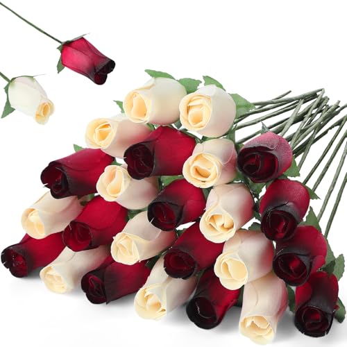 Suncalla 24 Pcs Red and White Realistic Wooden Roses 13 Beautiful Fake Ever Lasting Roses Flower Romantic Gift for Weddings Anniversaries Birthdays Holiday Homer Decor