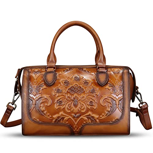 Image of Genuine Leather Satchel for Women Embossed Leather Handbag Top Handle Bags Handmade Purse Crossbody Handbags Tote Bag (Brown)