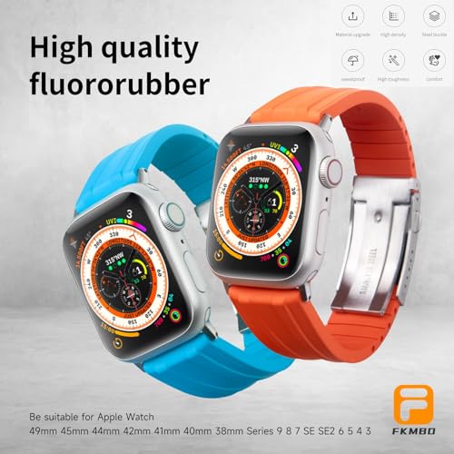 Business Sport Fluororubber Bands For Apple Watch Bands 49mm 45mm 44mm 42mm 41mm 40mm 38mm Men Women Watch Bands Series Ultra 9/8/7/6/5/4/SE FKM Waterproof Strap 316L Folding Buckle Fits 135-275mm Wrists