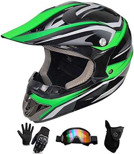 Motocross Helmets Youth Motorcycle Helmets - Motocross Helmets ATV MX Motorcycle Helmets Unisex Full Face Street Helmets, DOT Certified Standard - 4 Piece Set (Large, Green)