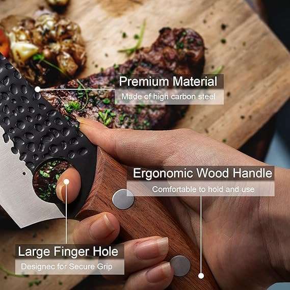 Image of Hand Forged Boning Chef Knife with Leather Sheath, Pocket Knife Sharpener, Cut Resistant Hand Gloves, Japanese Knife, Ultra Sharp High Carbon Kitchen Knive Cooking Gifts,Cooking