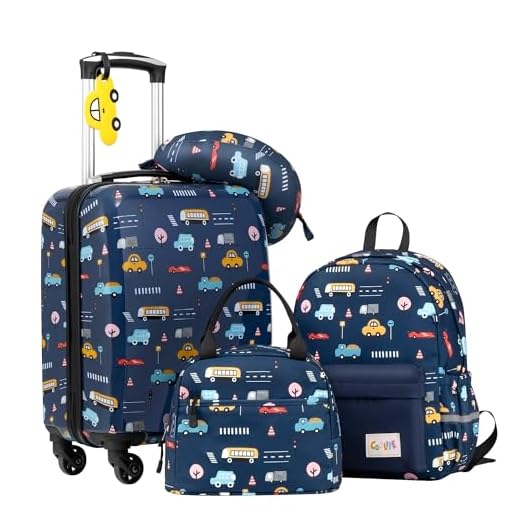 COOLIFE Set di bagagli per bambini, 5 pezzi, 16 pollici, bagaglio a mano, guscio rigido, spinner, resistente all'acqua, Auto, Set di valigie per bambini