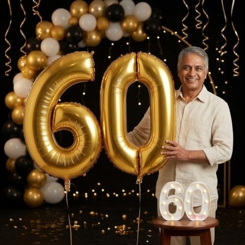 Image of Balloonistics Gold 40-Inch Foil Number 60 Balloon with Matching LED Marquee Light - Combo Set for 60th Birthday, Anniversary, Party Decoration, Photo Booth Backdrop