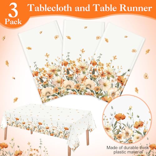 Image of Ganeen 3 Pcs Fall Floral Tablecloth Disposable Plastic Table Covers Watercolor Wildflower Table Cover Waterproof Tablecloths for Autumn Birthday Wedding Party Decor, 54 x 108 Inch