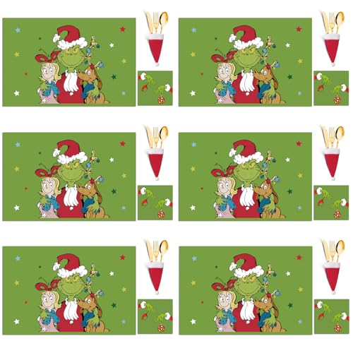 Christmas Table Decoration - 18Pcs Placemats Coasters Cutlery Set - Washable Heat Proof Table Mats for Home